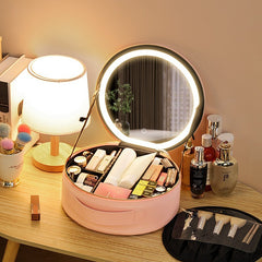 Round Smart LED Makeup Bag With Mirror Lights Women Beauty Bag Large Capacity PU Leather Travel Organizers Cosmetic Case - Up Trend Store-1