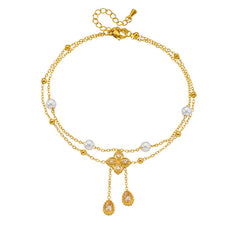 Fashion Double Layer Twin Diamond Diamond Flower Pearl Anklet - Up Trend Store-1