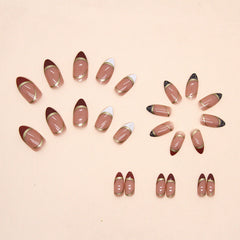 Almond Nail Shiny Gold Foil Color-blocking Leopard Print White Fake Nails - Up Trend Store-1