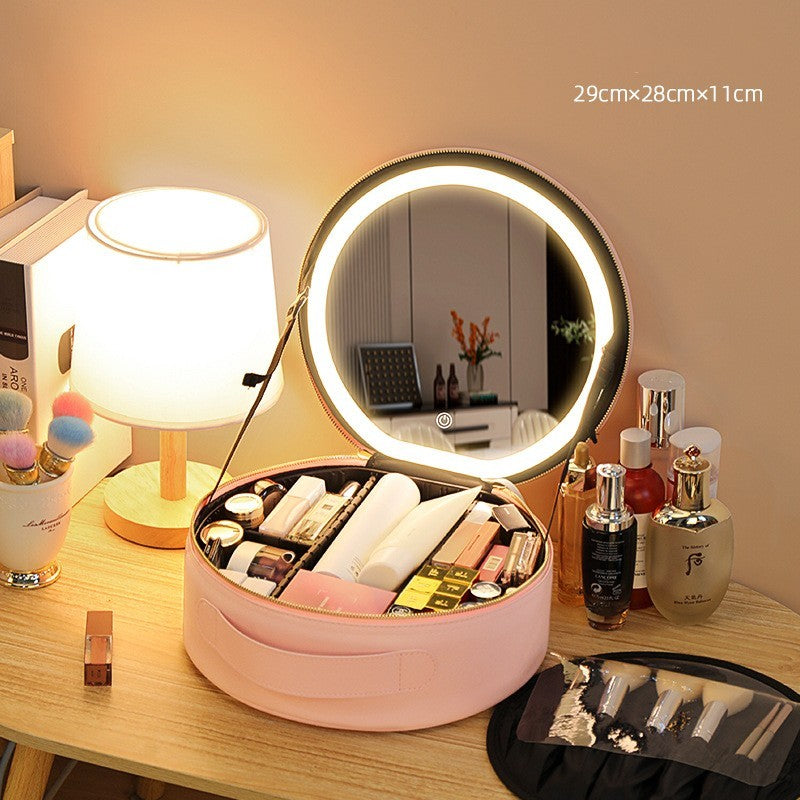 Round Smart LED Makeup Bag With Mirror Lights Women Beauty Bag Large Capacity PU Leather Travel Organizers Cosmetic Case - Up Trend Store-1