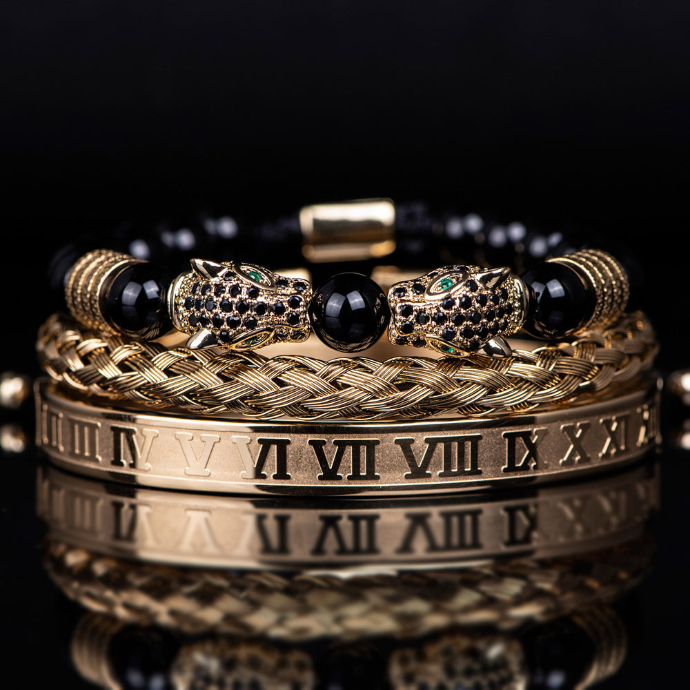 Men's Black Double Leopard Head Braided Stainless Steel Roman Numeral Bracelet Suit - Up Trend Store-1