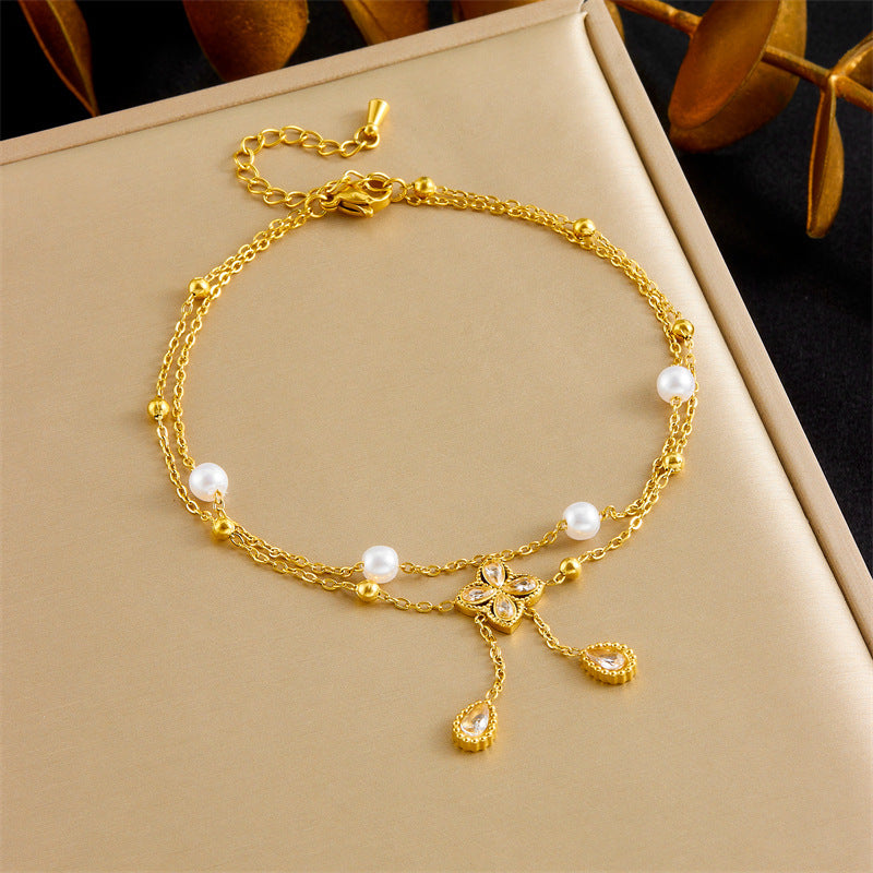 Fashion Double Layer Twin Diamond Diamond Flower Pearl Anklet - Up Trend Store-1