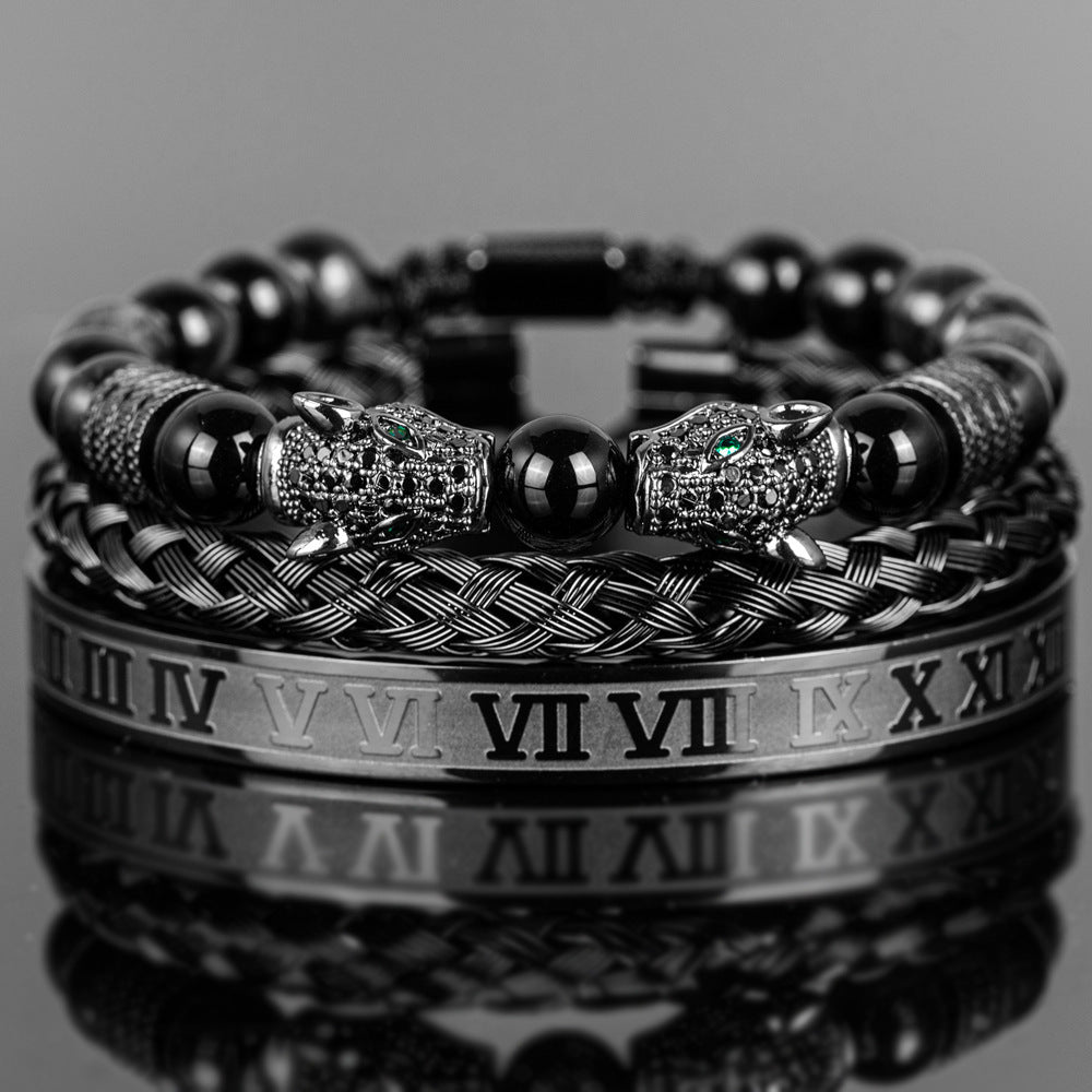 Men's Black Double Leopard Head Braided Stainless Steel Roman Numeral Bracelet Suit - Up Trend Store-1