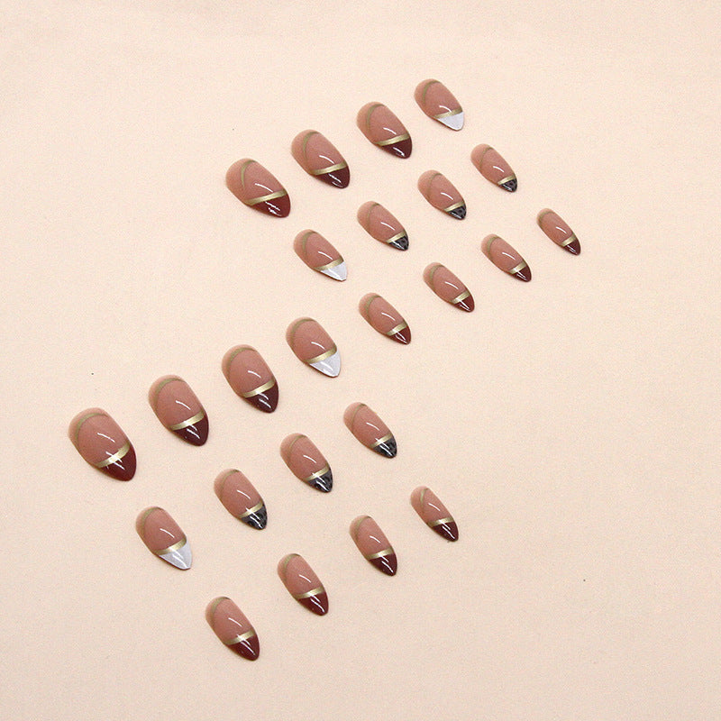 Almond Nail Shiny Gold Foil Color-blocking Leopard Print White Fake Nails - Up Trend Store-1