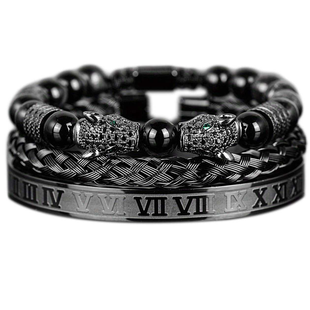 Men's Black Double Leopard Head Braided Stainless Steel Roman Numeral Bracelet Suit - Up Trend Store-1
