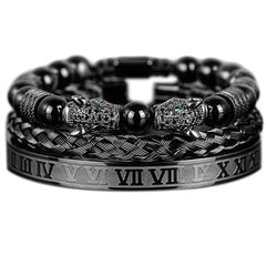 Men's Black Double Leopard Head Braided Stainless Steel Roman Numeral Bracelet Suit - Up Trend Store-1