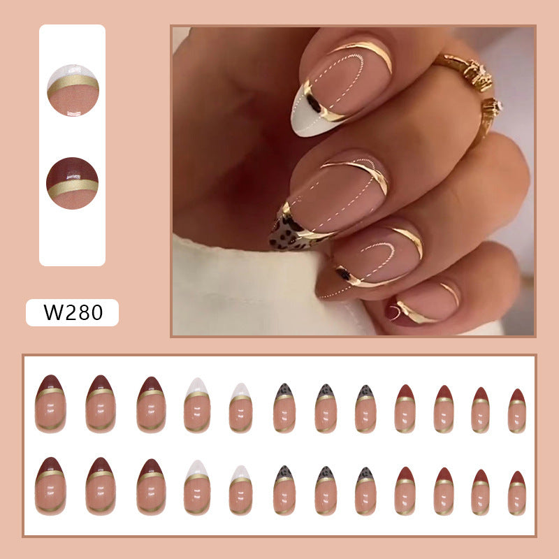 Almond Nail Shiny Gold Foil Color-blocking Leopard Print White Fake Nails - Up Trend Store-1