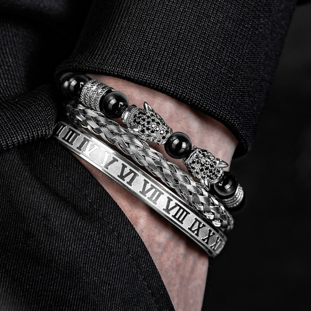 Men's Black Double Leopard Head Braided Stainless Steel Roman Numeral Bracelet Suit - Up Trend Store-1