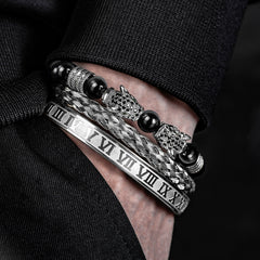 Men's Black Double Leopard Head Braided Stainless Steel Roman Numeral Bracelet Suit - Up Trend Store-1