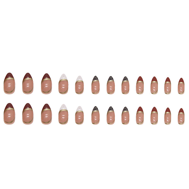 Almond Nail Shiny Gold Foil Color-blocking Leopard Print White Fake Nails - Up Trend Store-1