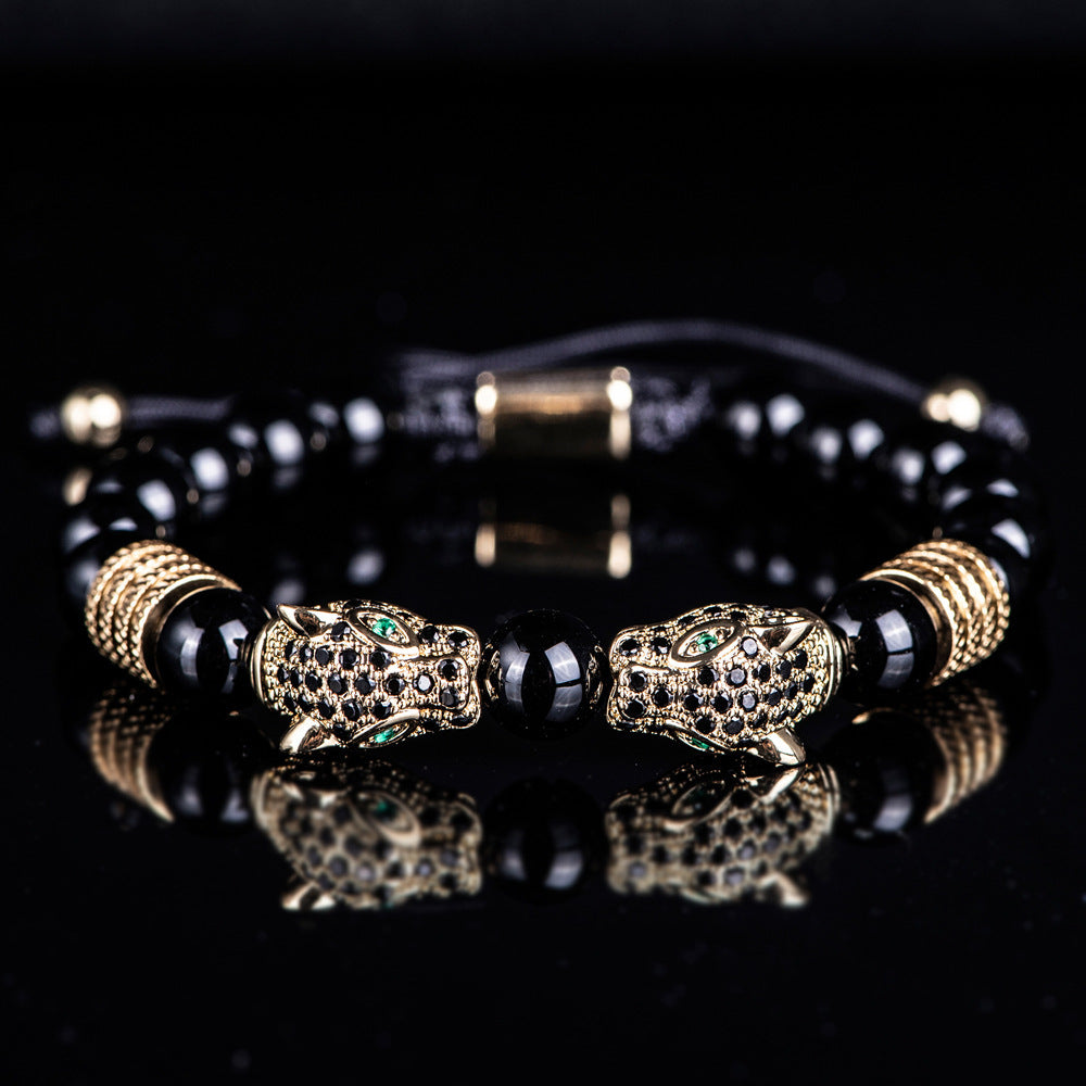 Men's Black Double Leopard Head Braided Stainless Steel Roman Numeral Bracelet Suit - Up Trend Store-1