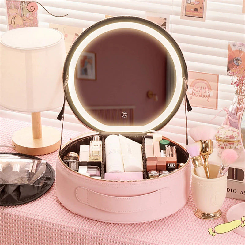 Round Smart LED Makeup Bag With Mirror Lights Women Beauty Bag Large Capacity PU Leather Travel Organizers Cosmetic Case - Up Trend Store-1