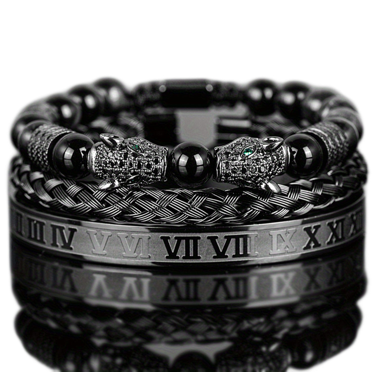 Men's Black Double Leopard Head Braided Stainless Steel Roman Numeral Bracelet Suit - Up Trend Store-1