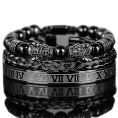 Men's Black Double Leopard Head Braided Stainless Steel Roman Numeral Bracelet Suit - Up Trend Store-1