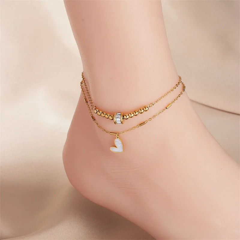 Fashion Jewelry Boho Classic Love Heart Ankle Chain Double Layer Chain Bracelet Anklet Charm Tassel Leg Chain On Foot Chain Women Party Jewelry Accessories - Up Trend Store-1