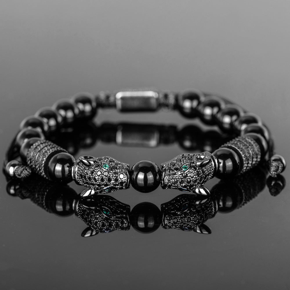 Men's Black Double Leopard Head Braided Stainless Steel Roman Numeral Bracelet Suit - Up Trend Store-1