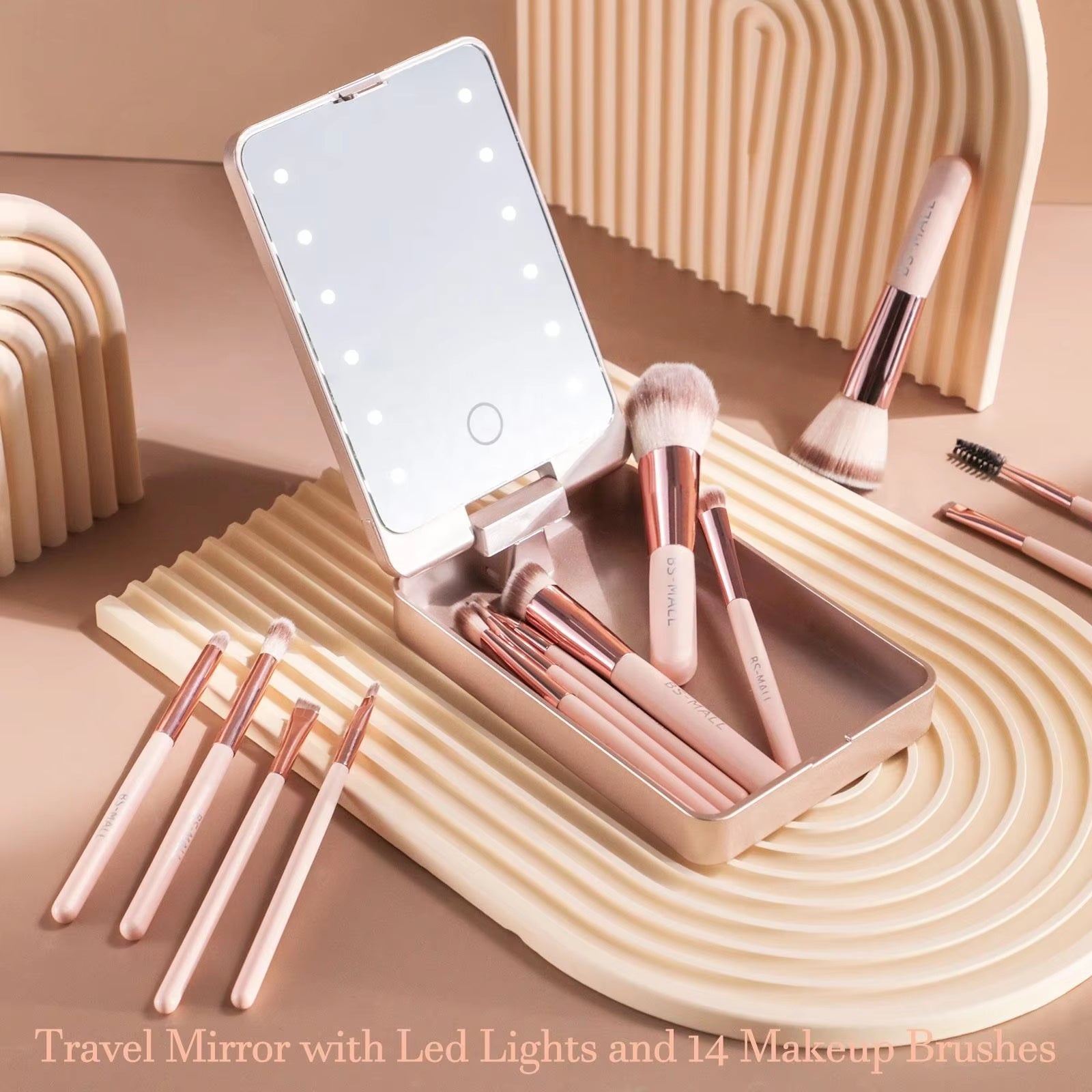14PCS Travel Makeup Brush Set LED Light Mirror Private Label Portable LED Mirror Cosmetic Makeup Brushes Set - Up Trend Store-1