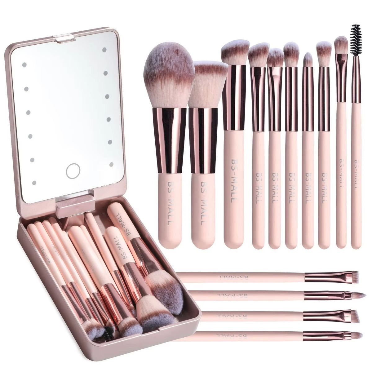 14PCS Travel Makeup Brush Set LED Light Mirror Private Label Portable LED Mirror Cosmetic Makeup Brushes Set - Up Trend Store-1