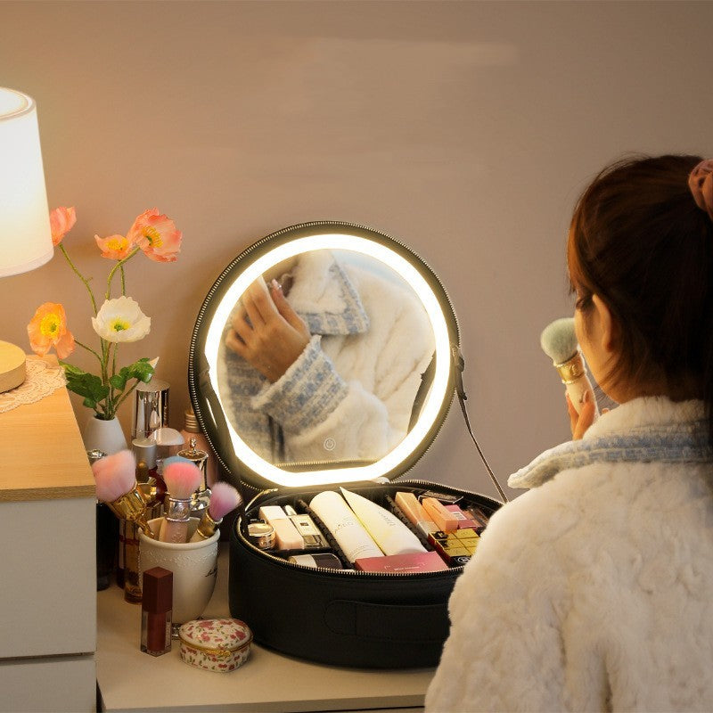 Round Smart LED Makeup Bag With Mirror Lights Women Beauty Bag Large Capacity PU Leather Travel Organizers Cosmetic Case - Up Trend Store-1