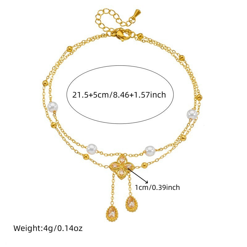 Fashion Double Layer Twin Diamond Diamond Flower Pearl Anklet - Up Trend Store-1