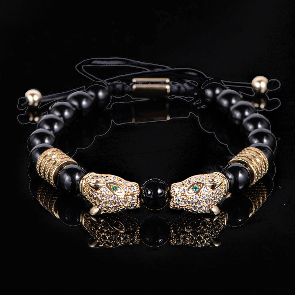 Men's Black Double Leopard Head Braided Stainless Steel Roman Numeral Bracelet Suit - Up Trend Store-1