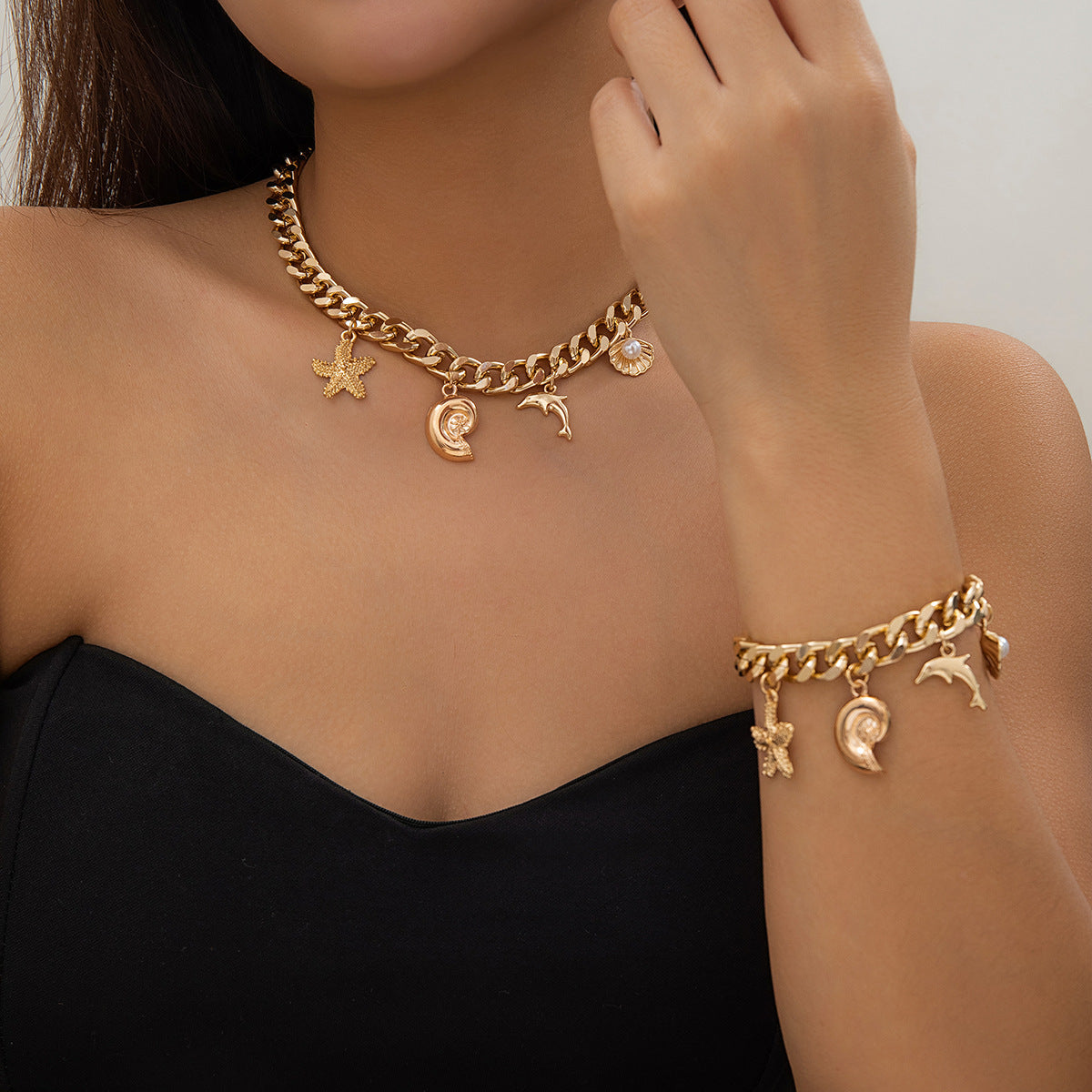 Creative Boho Conch Dolphin Starfish Pendant Choker Necklace Bracelets Women Trendy Vintage Tassel Chain Grunge Jewelry Fashion Jewelry - Up Trend Store-1