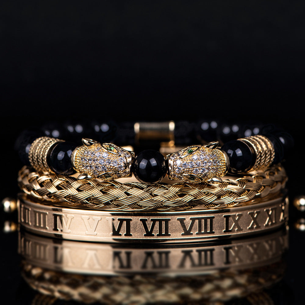 Men's Black Double Leopard Head Braided Stainless Steel Roman Numeral Bracelet Suit - Up Trend Store-1