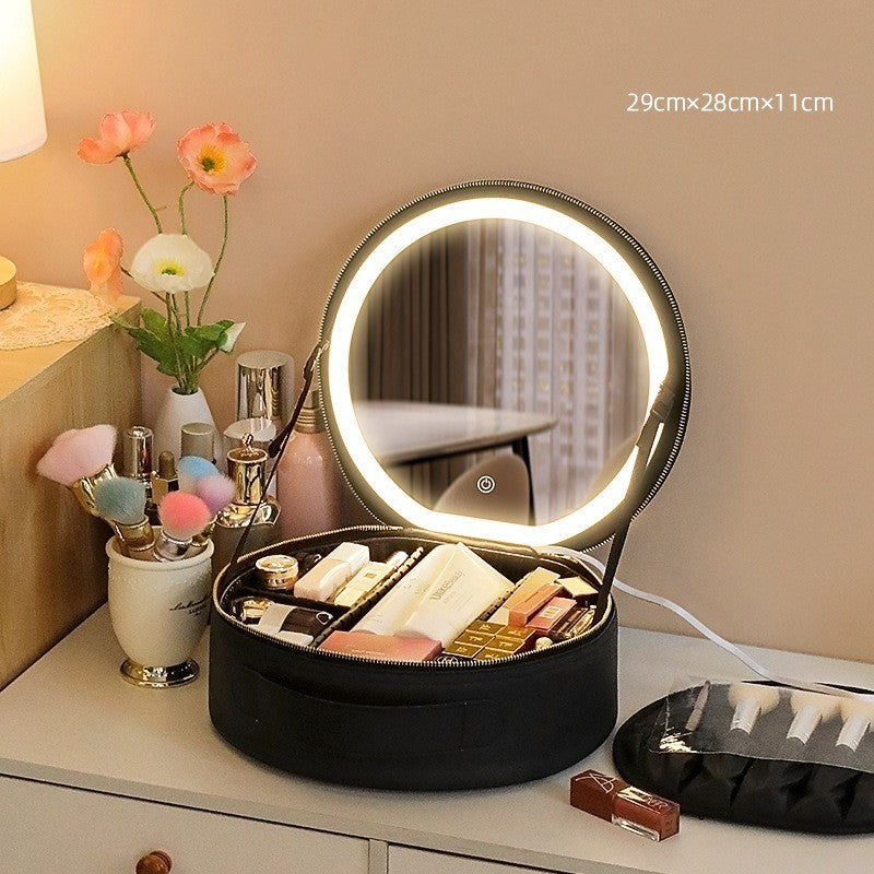Round Smart LED Makeup Bag With Mirror Lights Women Beauty Bag Large Capacity PU Leather Travel Organizers Cosmetic Case - Up Trend Store-1