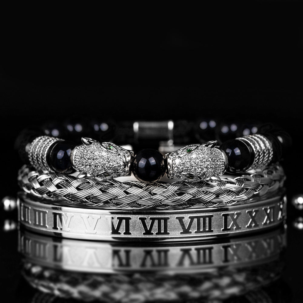 Men's Black Double Leopard Head Braided Stainless Steel Roman Numeral Bracelet Suit - Up Trend Store-1
