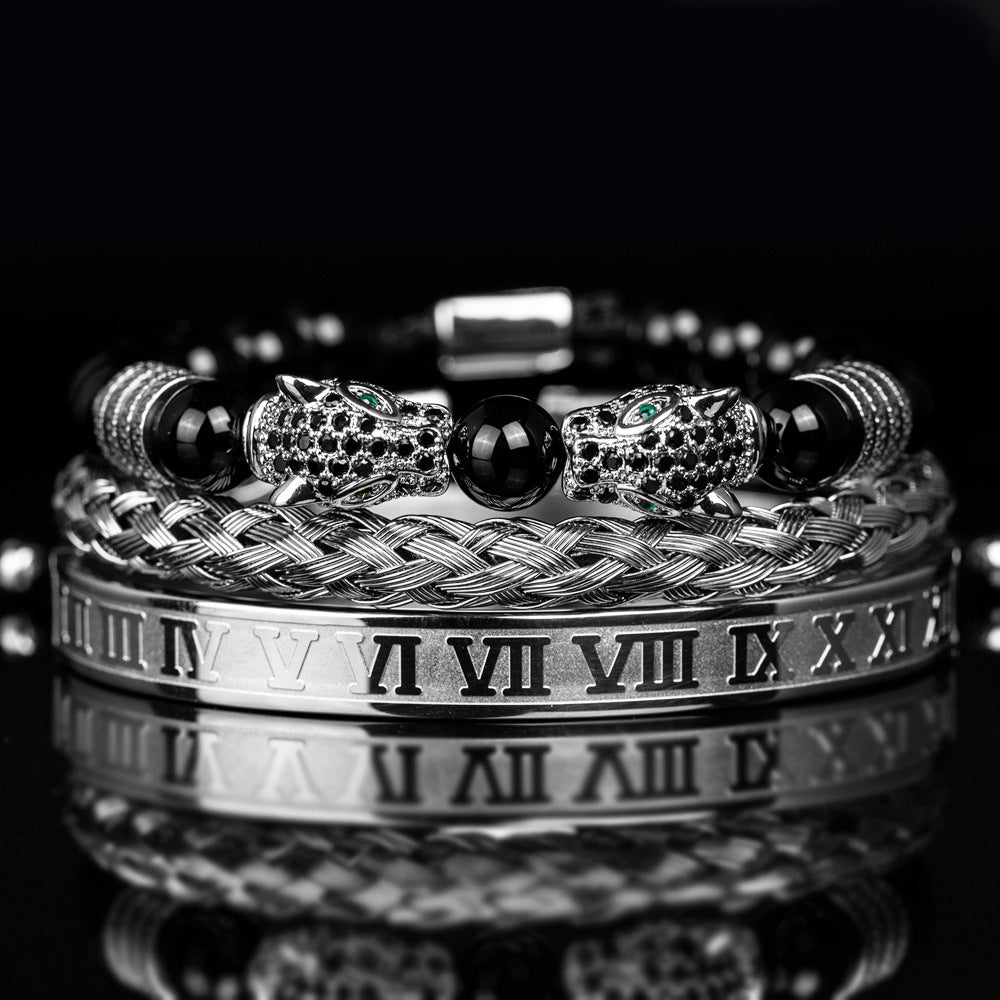 Men's Black Double Leopard Head Braided Stainless Steel Roman Numeral Bracelet Suit - Up Trend Store-1