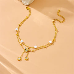Fashion Double Layer Twin Diamond Diamond Flower Pearl Anklet - Up Trend Store-1