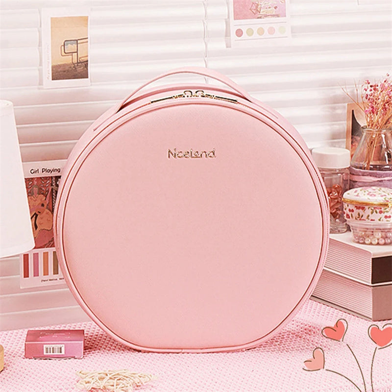 Round Smart LED Makeup Bag With Mirror Lights Women Beauty Bag Large Capacity PU Leather Travel Organizers Cosmetic Case - Up Trend Store-1