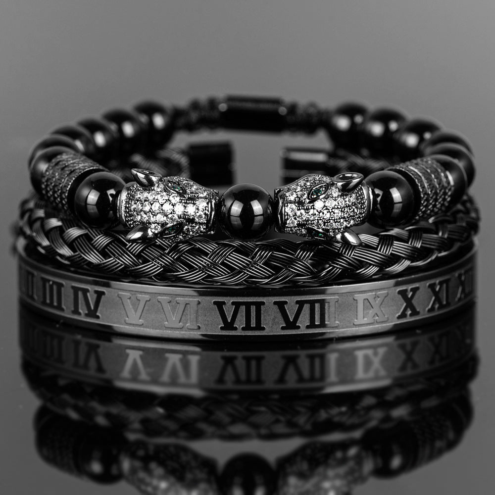 Men's Black Double Leopard Head Braided Stainless Steel Roman Numeral Bracelet Suit - Up Trend Store-1