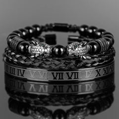 Men's Black Double Leopard Head Braided Stainless Steel Roman Numeral Bracelet Suit - Up Trend Store-1