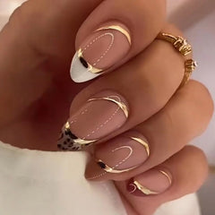 Almond Nail Shiny Gold Foil Color-blocking Leopard Print White Fake Nails - Up Trend Store-1